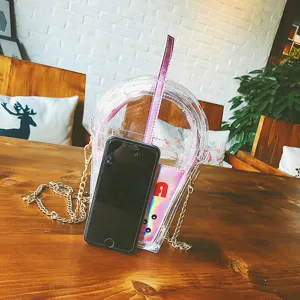 Transparente holografische Bubble-Tea-Umhängetasche mit Kette und Strohhalm-Design.