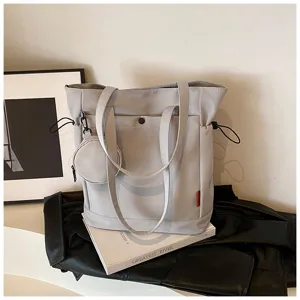 Stylish large capacity grey tote bag with coin purse, casual shoulder bag for women.