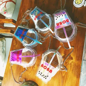 Klare Boba-Tee-Tasse Umhängetasche holografische transparente Schultertasche Kettentasche.