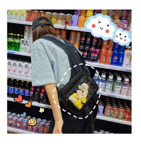 Transparent pocket crossbody ita bag with cute plush toys inside, stylish Korean style daily casual use.
