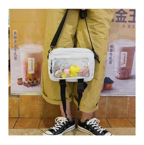 Transparent front pocket crossbody bag with cute plush toys ins style shoulder bag detail