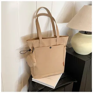 Beige canvas tote bag large capacity shoulder handbag with coin purse for casual daily use