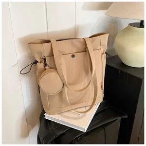 Beige canvas tote bag with small coin pouch large capacity casual shoulder bag for women