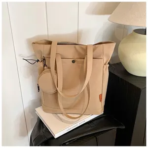 Beige canvas tote bag with small coin pouch large capacity shoulder bag for women daily commute