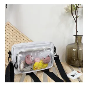 Transparent canvas crossbody bag with cute plush toys, Korean style casual shoulder bag for women.
