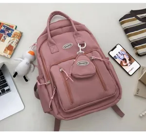 Mochila rosa de estilo japones minimalista gran capacidad bolsa escolar informal