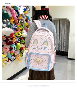 Zaino ita gatto a pois rosa carino grande capacità borsa scolastica per ragazze stile anime