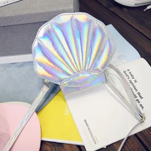 Holografische Muschel Umhaengetasche, modische PU Crossover Tasche mit Glanz, schickes Design.