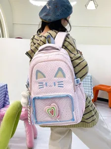 Zaino gatto rosa carino ita bag per studenti, grande borsa scolastica dolce con tasca trasparente.