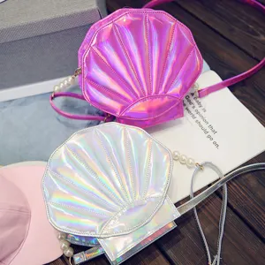 Holografische Muschel-Umhängetasche mit Perlenkette, süße Sommertasche für Damen.