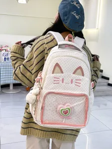 Zaino Ita gatto carino per studenti, grande borsa bianca a pois con finestra trasparente.