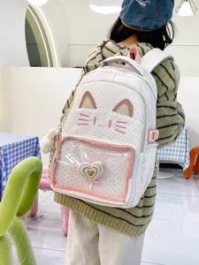Zaino gatto con tasca trasparente, borsa a pois bianchi ideale per studentesse e giovani ragazze.