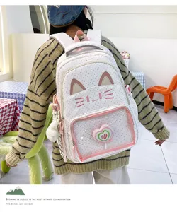Zaino ita gatto carino per studenti, borsa scolastica capiente con tasca trasparente.