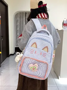 Zaino ita gatto carino per studenti, borsa a quadri con tasca trasparente frontale.