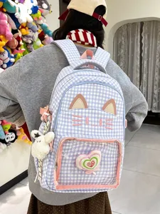 Zaino a quadri carino con orecchie di gatto e tasca frontale trasparente per studenti.
