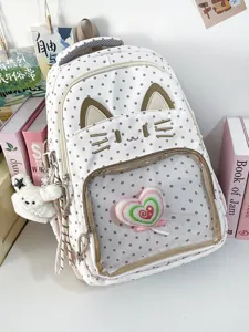 Zaino ita gatto carino a pois bianchi borsa scolare con finestra trasparente e ciondolo.