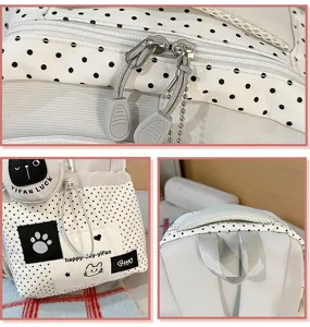 Detailed close-up of cute polka dot school backpack with zipper and cat patch design.