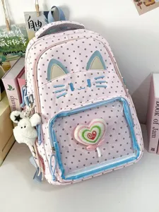 Zaino ita gatto a pois rosa carino zaino scolastico per studenti con tasca trasparente.