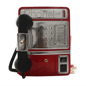 Modische rote Telefon Umhaengetasche fuer Damen, kreative Retro PU Leder Schultertasche.
