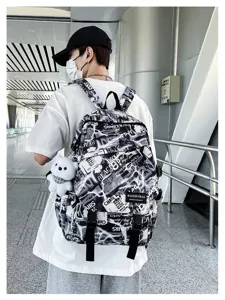 Trendy black and white graffiti backpack for men boys casual school bookbag detail view.