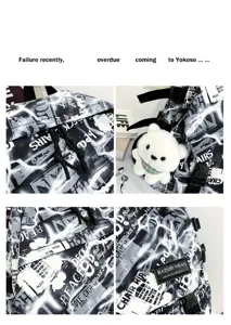 Men graffiti canvas backpack detail, trendy student school bag with bear pendant.