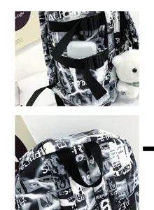 Men's trendy graffiti backpack detail, black and white newspaper print style, multiple pockets.