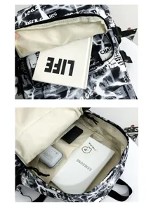 Men's black and white graffiti school backpack, spacious interior detail view showing large capacity.