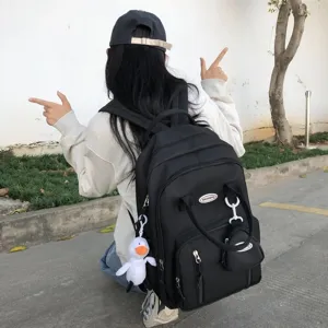Mochila para Mujer Estilo Ins Japonés Gran Capacidad Color Sólido Mochila Escolar de Nailon con Colgante de Pato