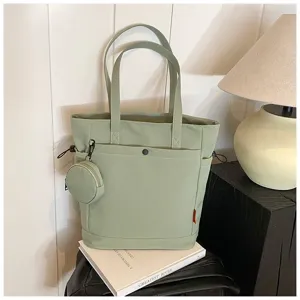 Sage green tote bag with detachable coin purse, large capacity canvas shoulder handbag for women.