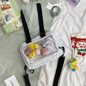 Clear window canvas crossbody bag for women, cute doll plush charms, casual ins style shoulder bag.