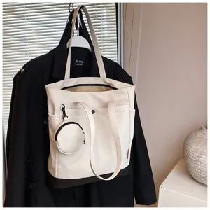 Large capacity canvas tote bag with coin purse, minimalist stylish shoulder bag for women
