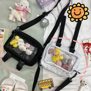 Cute transparent pocket canvas shoulder bag with funny cartoon plush dolls, Korean ins style.