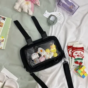 Black transparent front canvas shoulder bag ita bag with cute plush toys crossbody pack