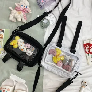 clear window canvas shoulder bag with cute plush toys insert ita bag casual crossbody bag