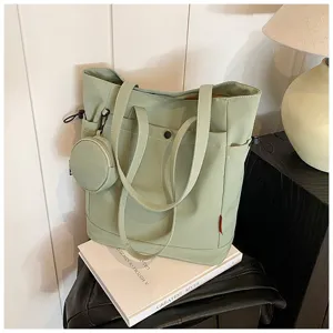 Sage green canvas tote bag with coin purse, large capacity daily shoulder handbag for women.