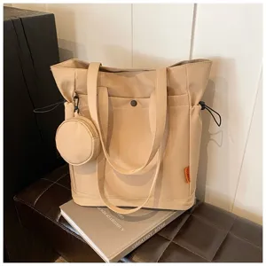 Beige canvas tote bag with small coin purse large capacity shoulder bag for women daily use