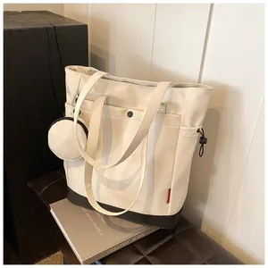 Canvas tote bag large capacity handbag shoulder bag with coin purse stylish detail view