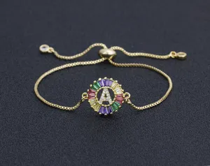 18K gold plated colorful letter A zircon pendant adjustable pull bracelet for women.