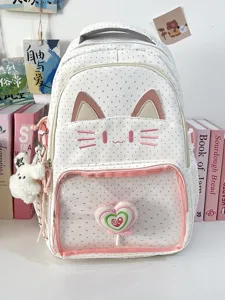 Zaino Ita gatto carino dolce con tasca frontale trasparente e orecchie di gatto rosa.