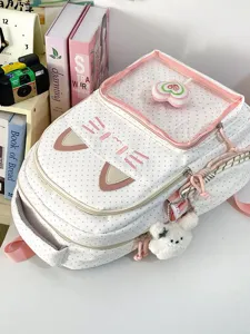 Zaino ita gatto carino per ragazze, cartella bianca a pois con finestra trasparente.