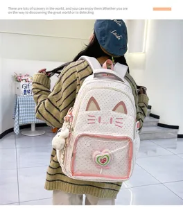 Dettaglio zaino ita gatto carino, borsa bianca a pois con tasca trasparente e orecchie di gatto.