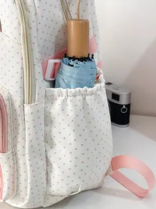 Zaino scolastico a pois vista dettagliata, carino zaino casual con tasca laterale e ombrello.