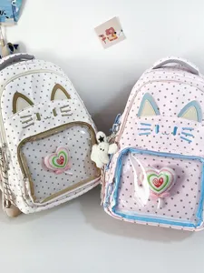 Zaino Ita gatto carino per studenti, tasca trasparente, borsa scolastica con design a pois dolci.