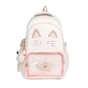 Zaino ita a pois con gatto carino per studenti, tasca frontale trasparente, design rosa, borsa.