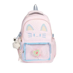 Zaino ita gatto rosa carino per studenti, borsa kawaii con tasca trasparente capiente.