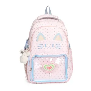 Dettaglio zaino ita gatto a pois rosa carino con finestra trasparente e peluche dolce.