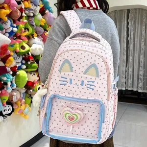 Zaino Ita Bag Gatto Carino Con Orecchie di Gatto Grande Capacità per Ragazze Studentessa Cartone Animato Pois Plaid Finestra Trasparente Poliestere