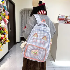 Zaino gatto carino quadri blu bianco borsa scolastica grande capacità stile kawaii moda