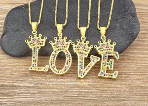 Fashion gold-plated letter LOVE crown pendant necklace with colorful cubic zirconia stones.