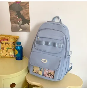 Zaino da studente azzurro carino con tasca trasparente per ita, grande capacità casual casual.